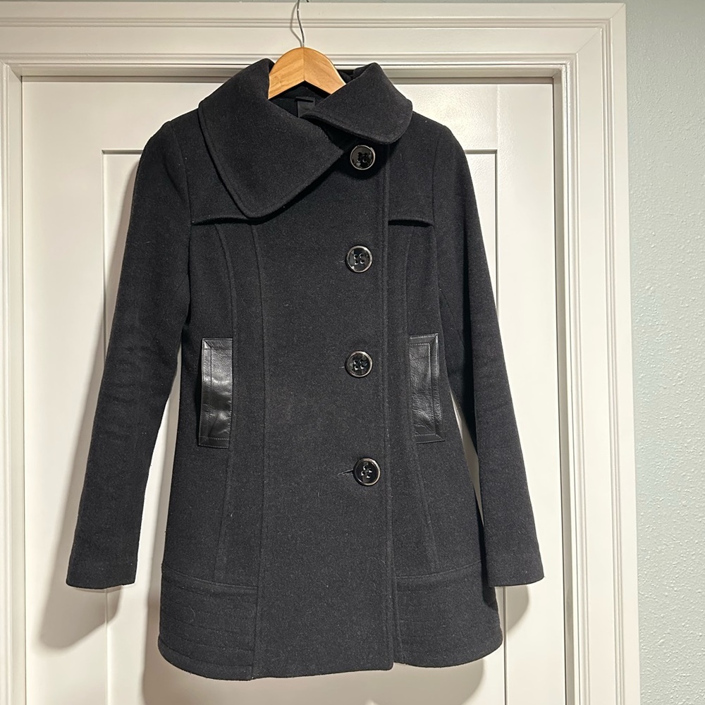 Mackage wool pea coat with leather pockets. Black. Size Small